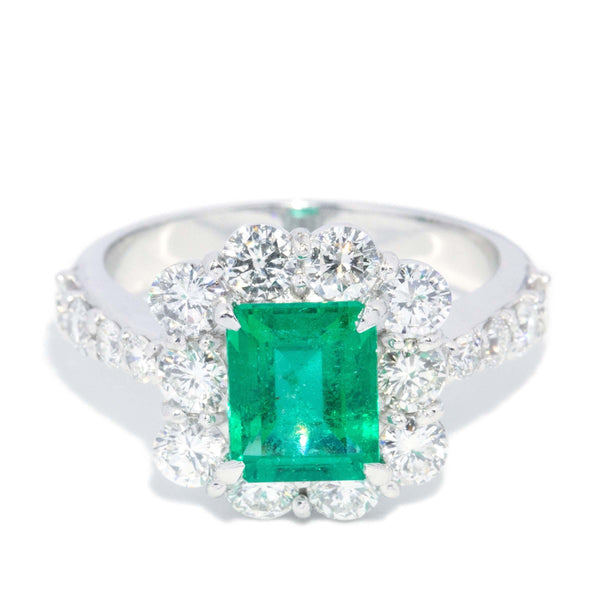 Vintage Circa 1980s Emerald & Diamond Platinum Halo Cluster Ring