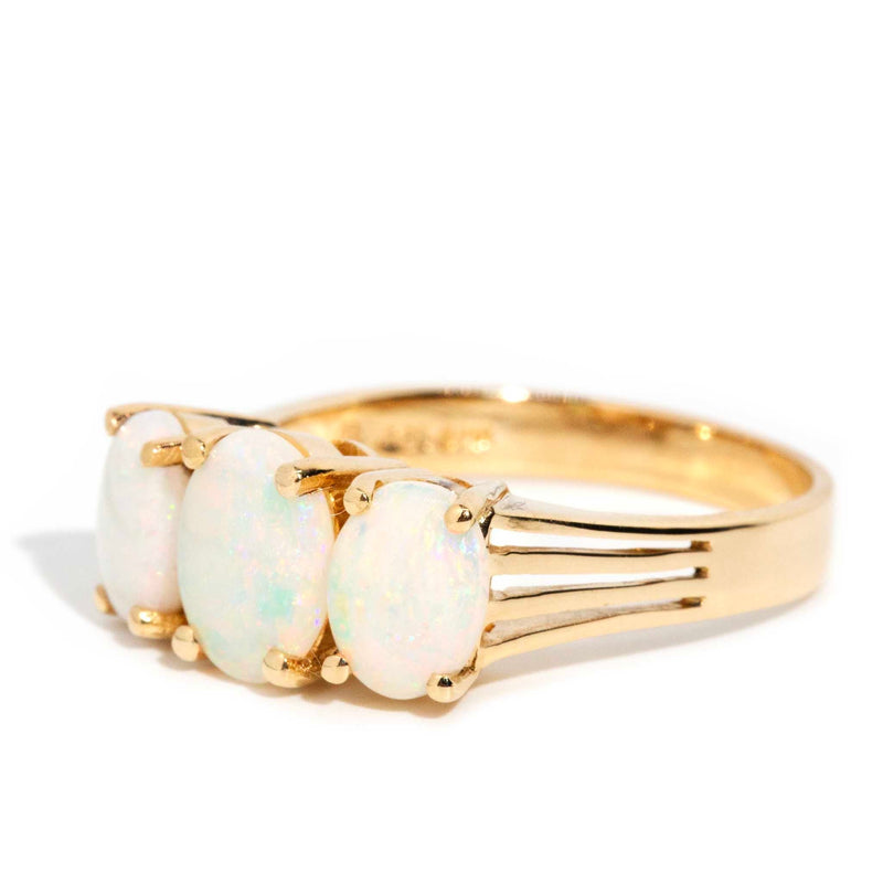 Evelyn 1970s Solid Australian Opal Three Stone Ring 14ct Gold Rings Imperial Jewellery 