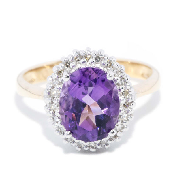 Contemporary Amethyst & Diamond Halo Ring 9 Carat Yellow Gold