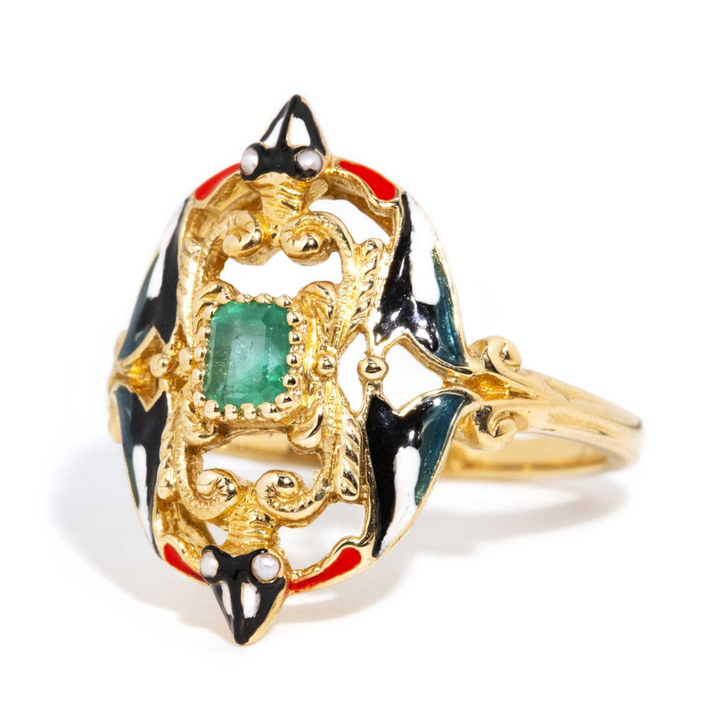 Isabella Emerald & Enamel Ring 9ct Gold Rings Imperial Jewellery 
