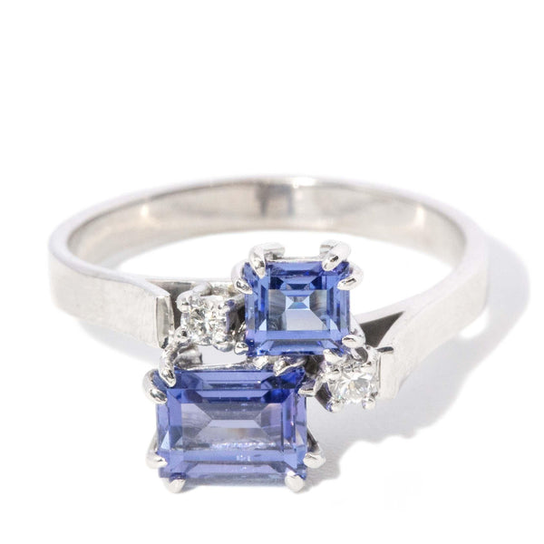 Vintage Circa 1970s Twin Tanzanite Diamond Ring 18 Carat White Gold