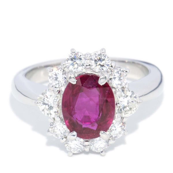 Vintage Circa 1990s Pinkish Red Ruby & Diamond Platinum Halo Ring