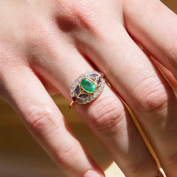 Emerald Sapphire Ruby Diamond Cluster Ring 9 Carat Yellow Gold