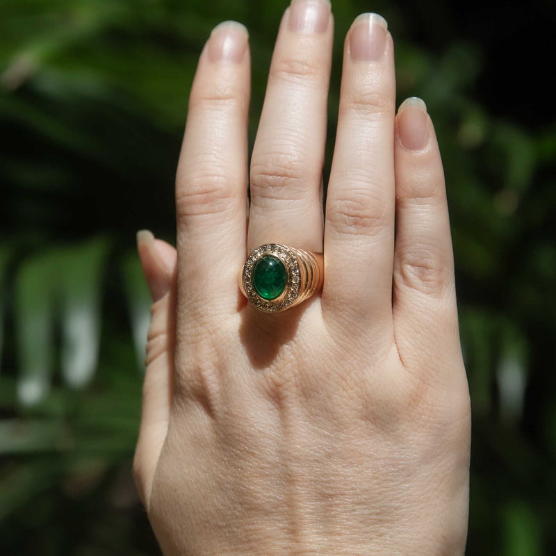 Sade 1970s Emerald & Diamond Domed Ring 18ct Gold Rings Imperial Jewellery 