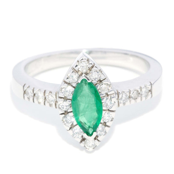 Vintage Circa 1990s Emerald & Diamond Ring 18 Carat White Gold
