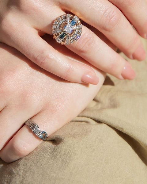 Vintage Art Deco Retro Parti Sapphire Old Cut Diamond Ring 18