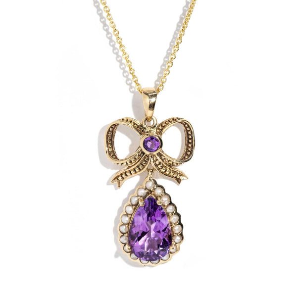 Madison 1990s Amethyst Seed Pearl Pendant 9ct Gold