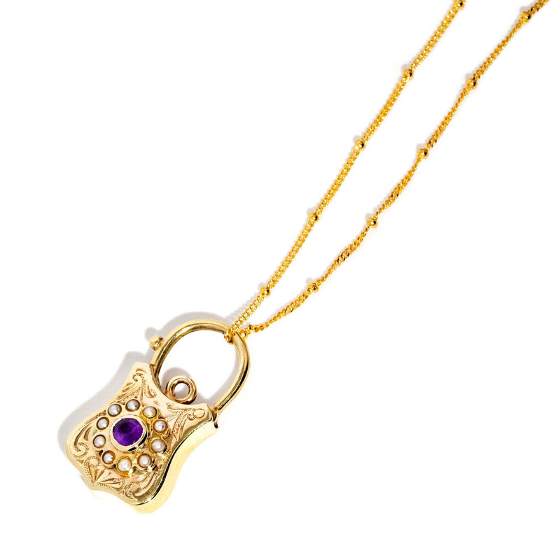 Andree 1960s Amethyst & Seed Pearl Padlock Pendant & 9ct Chain Pendants/Necklaces Imperial Jewellery 
