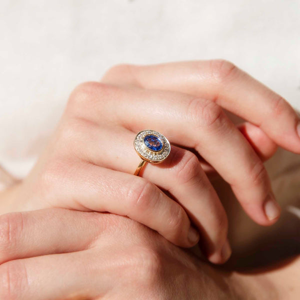 Reinvented Vintage Sapphire Diamond Halo Ring 18 Carat Gold