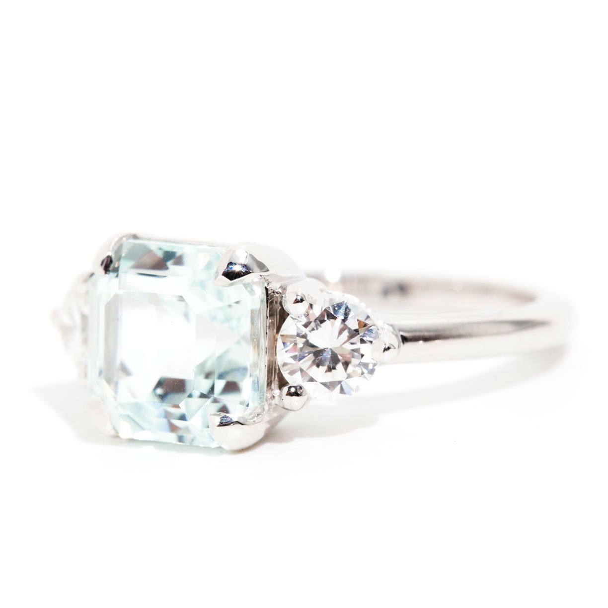 Francine xxxx Cushion Cut Aquamarine & Diamond Three Stone Ring Rings Imperial Jewellery 