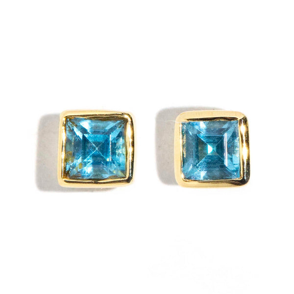 Vintage Circa 1990s Blue Topaz Stud Earrings 9 Carat Yellow Gold
