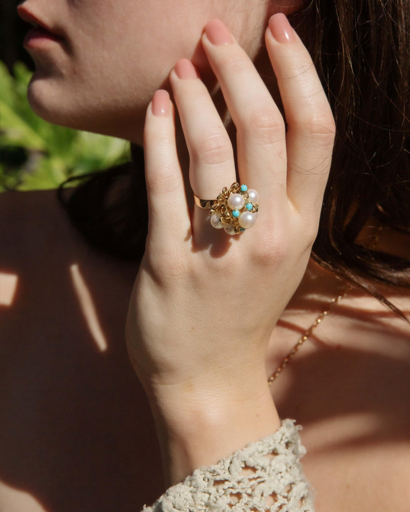 Vintage Circa 1960s Pearl & Turquoise Cluster Ring 14 Carat Gold