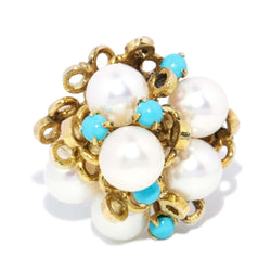 Vintage Circa 1960s Pearl & Turquoise Cluster Ring 14 Carat Gold
