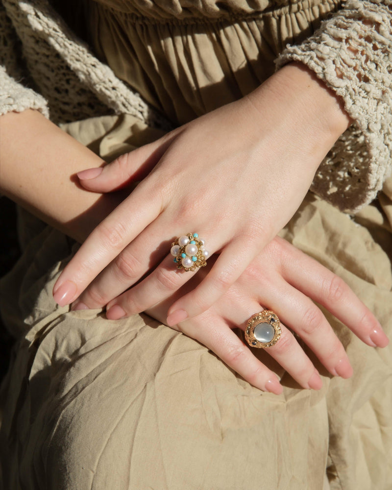 Vintage Circa 1960s Pearl & Turquoise Cluster Ring 14 Carat Gold