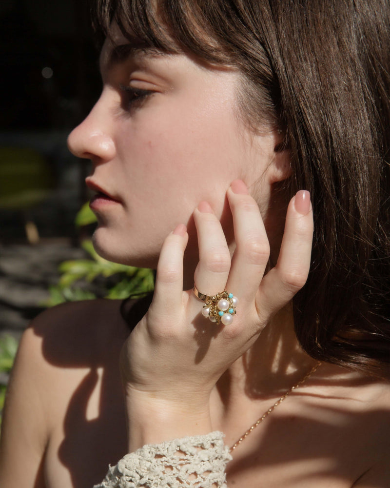 Vintage Circa 1960s Pearl & Turquoise Cluster Ring 14 Carat Gold