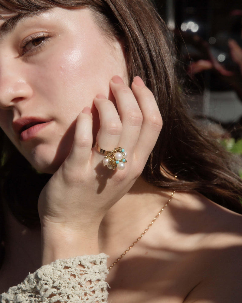 Vintage Circa 1960s Pearl & Turquoise Cluster Ring 14 Carat Gold