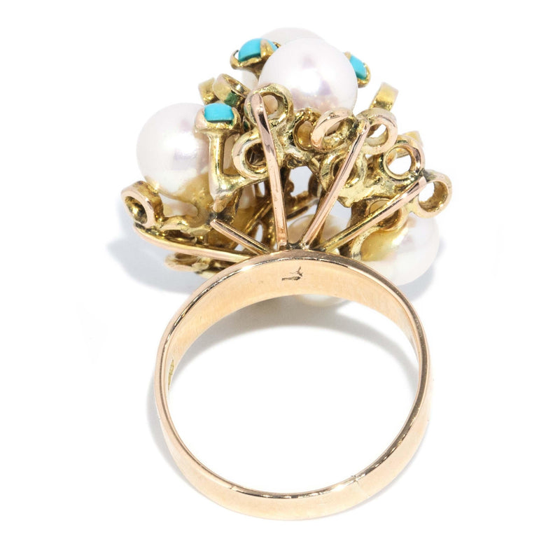 Vintage Circa 1960s Pearl & Turquoise Cluster Ring 14 Carat Gold