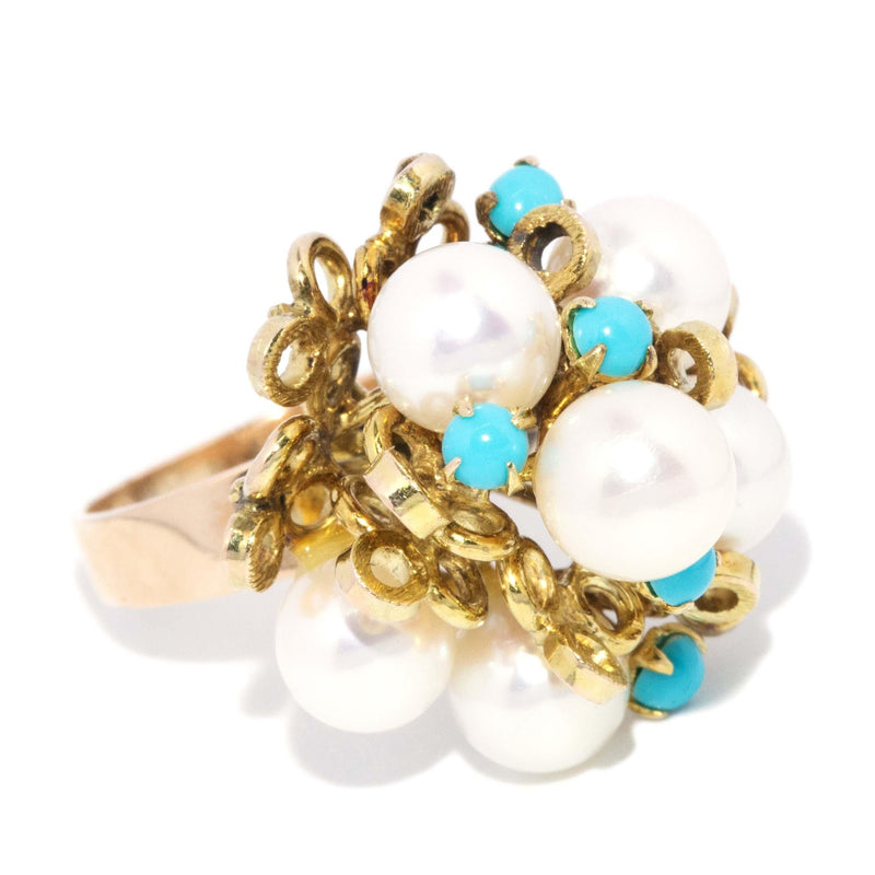 Vintage Circa 1960s Pearl & Turquoise Cluster Ring 14 Carat Gold