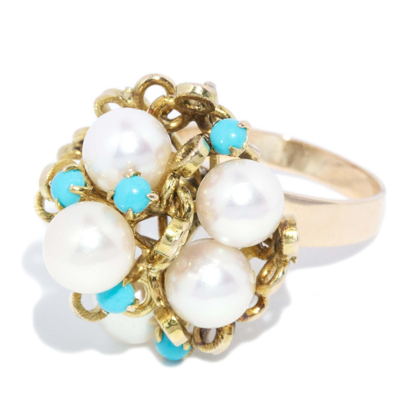 Vintage Circa 1960s Pearl & Turquoise Cluster Ring 14 Carat Gold