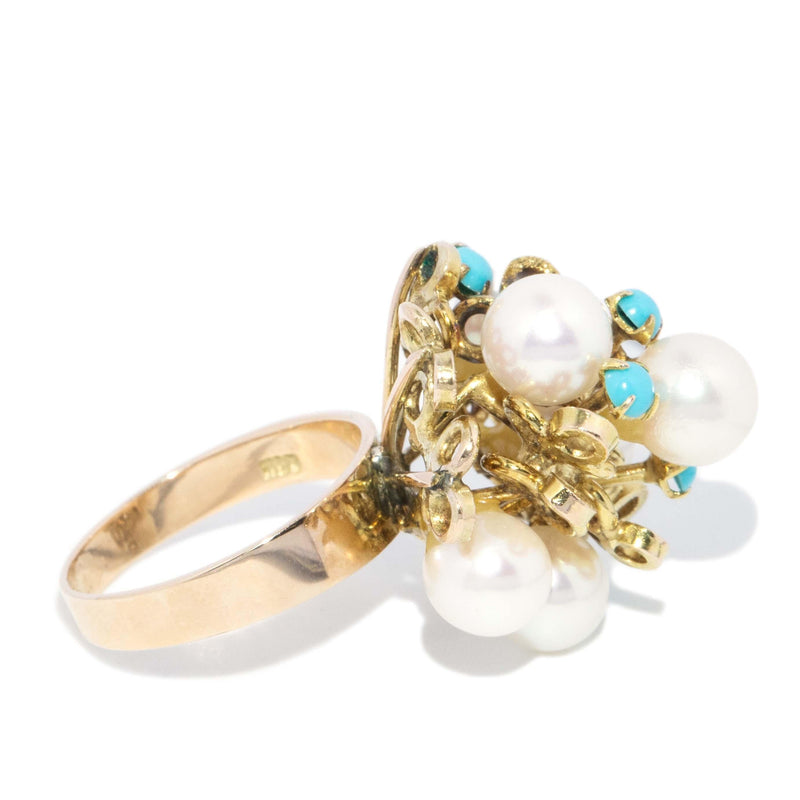 Vintage Circa 1960s Pearl & Turquoise Cluster Ring 14 Carat Gold