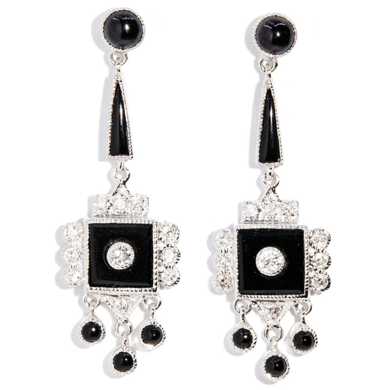 Contemporary Black Onyx Diamond Drop Earrings 9 Carat Gold Imperial Jewellery