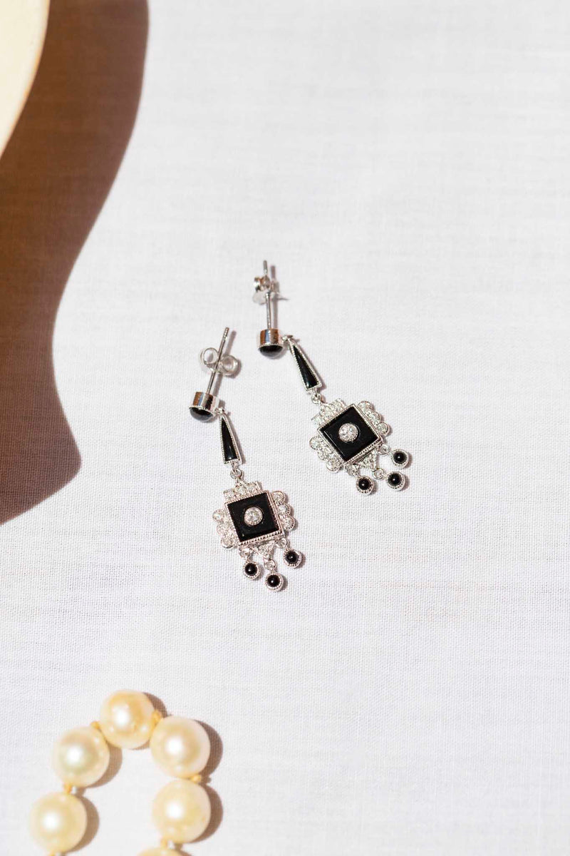 Adelaide Black Onyx & Diamond Drop Earrings 9ct Gold Earrings Imperial Jewellery 