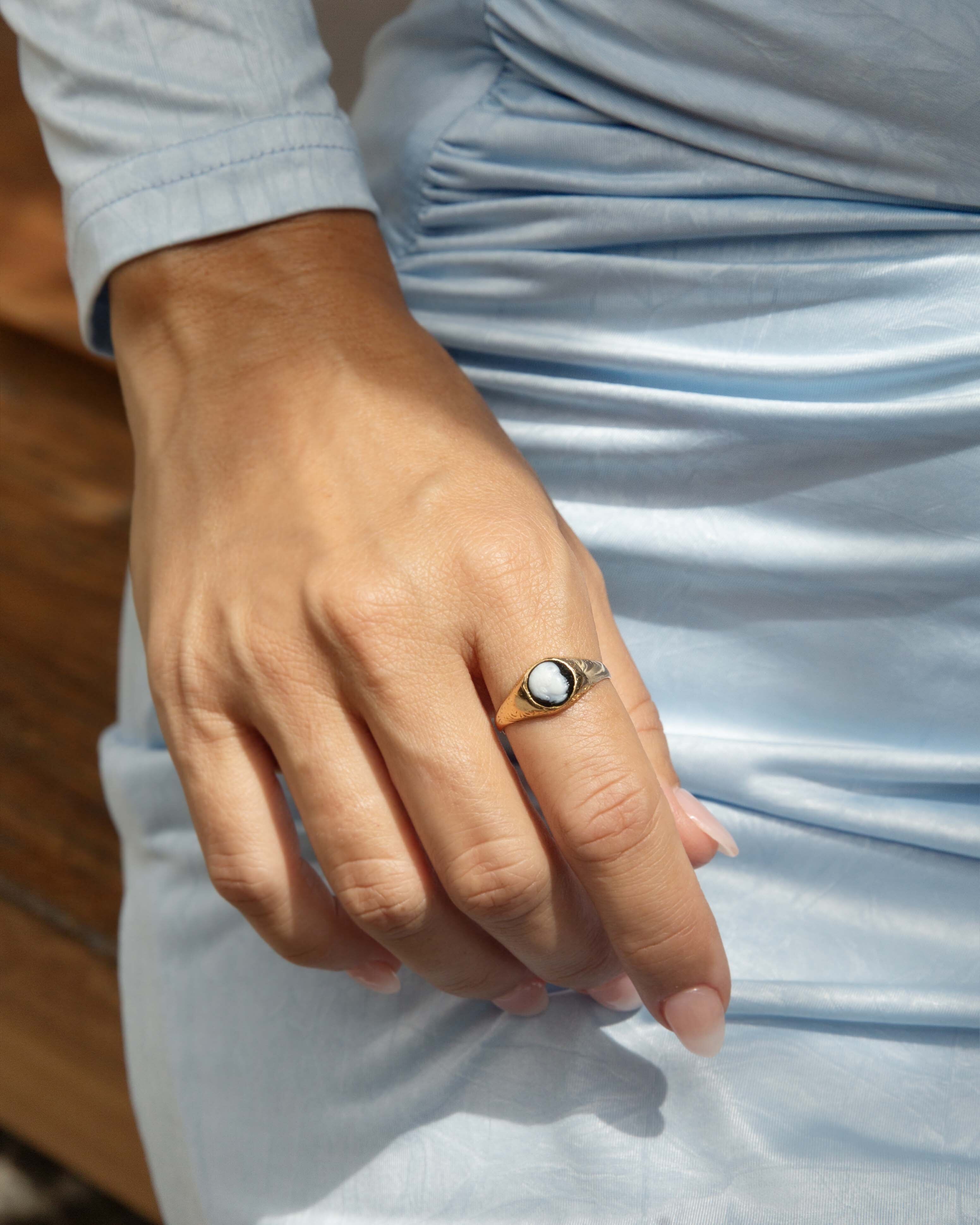 Adriana Hematite White Cameo Ring 18ct Gold Rings Imperial Jewellery 