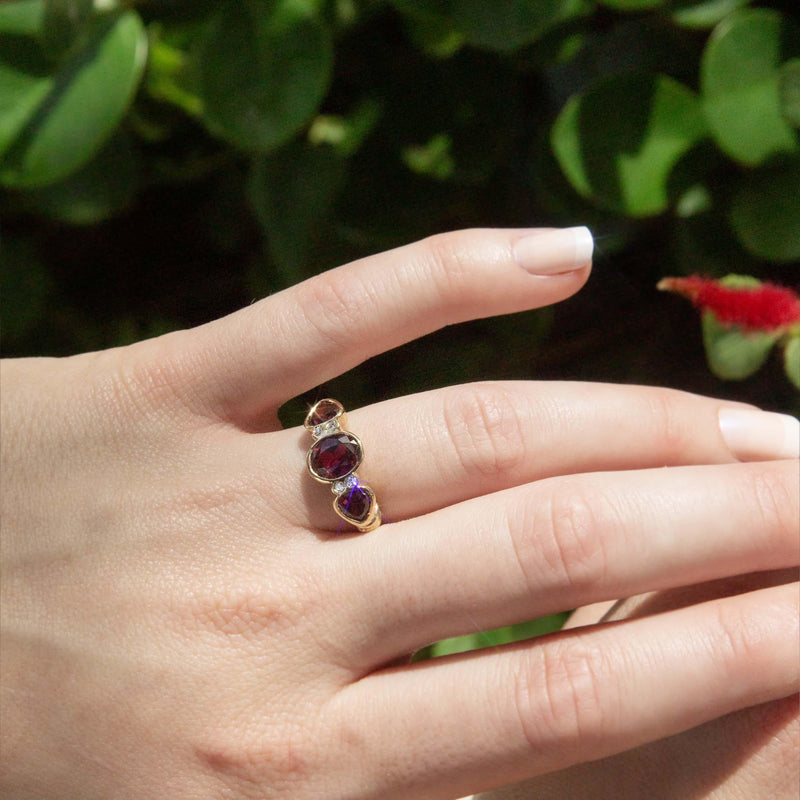Vintage Circa 1990s Rhodolite Garnet & Diamond Ring 9 Carat Yellow Gold