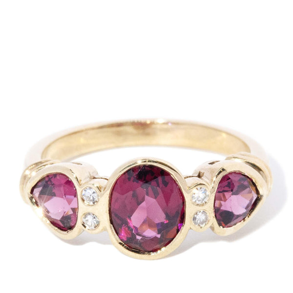 Vintage Circa 1990s Rhodolite Garnet & Diamond Ring 9 Carat Yellow Gold