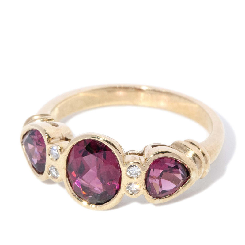 Vintage Circa 1990s Rhodolite Garnet & Diamond Ring 9 Carat Yellow Gold