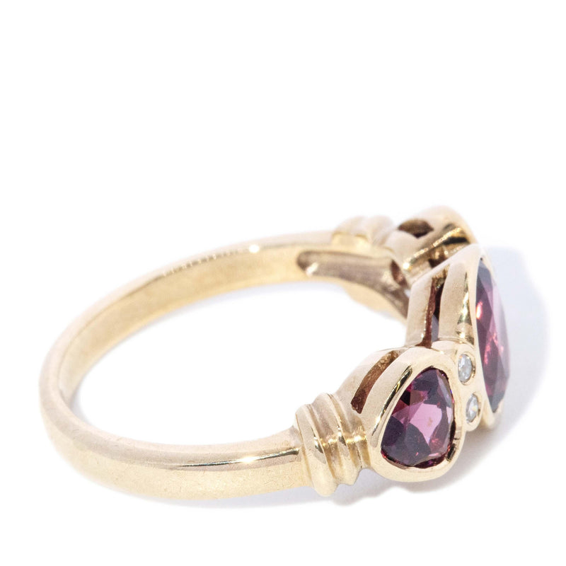 Vintage Circa 1990s Rhodolite Garnet & Diamond Ring 9 Carat Yellow Gold