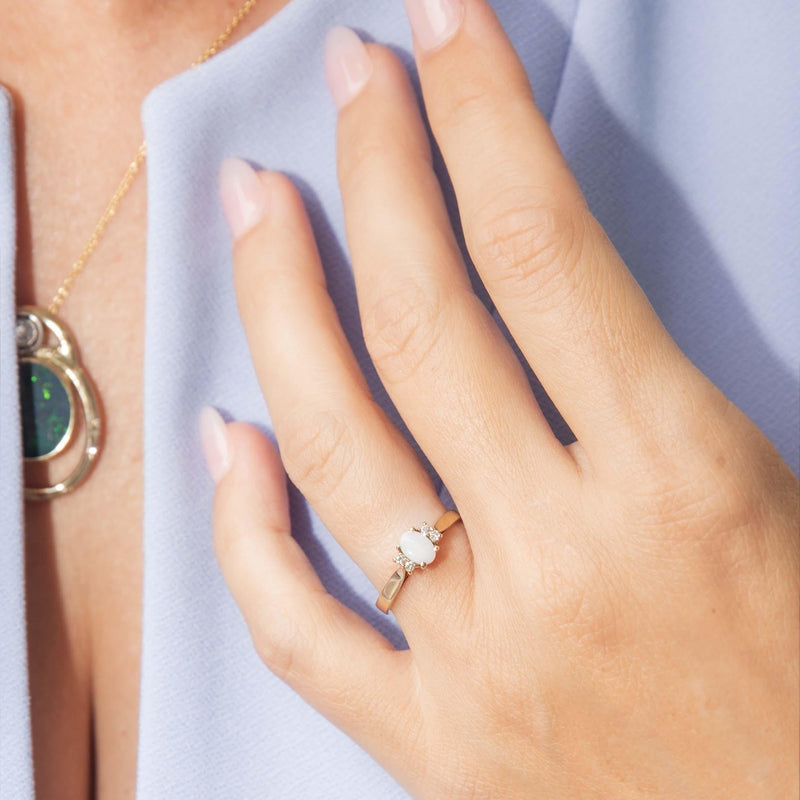 Vintage Circa 1990s White Opal & Diamond Ring 10 Carat Yellow Gold