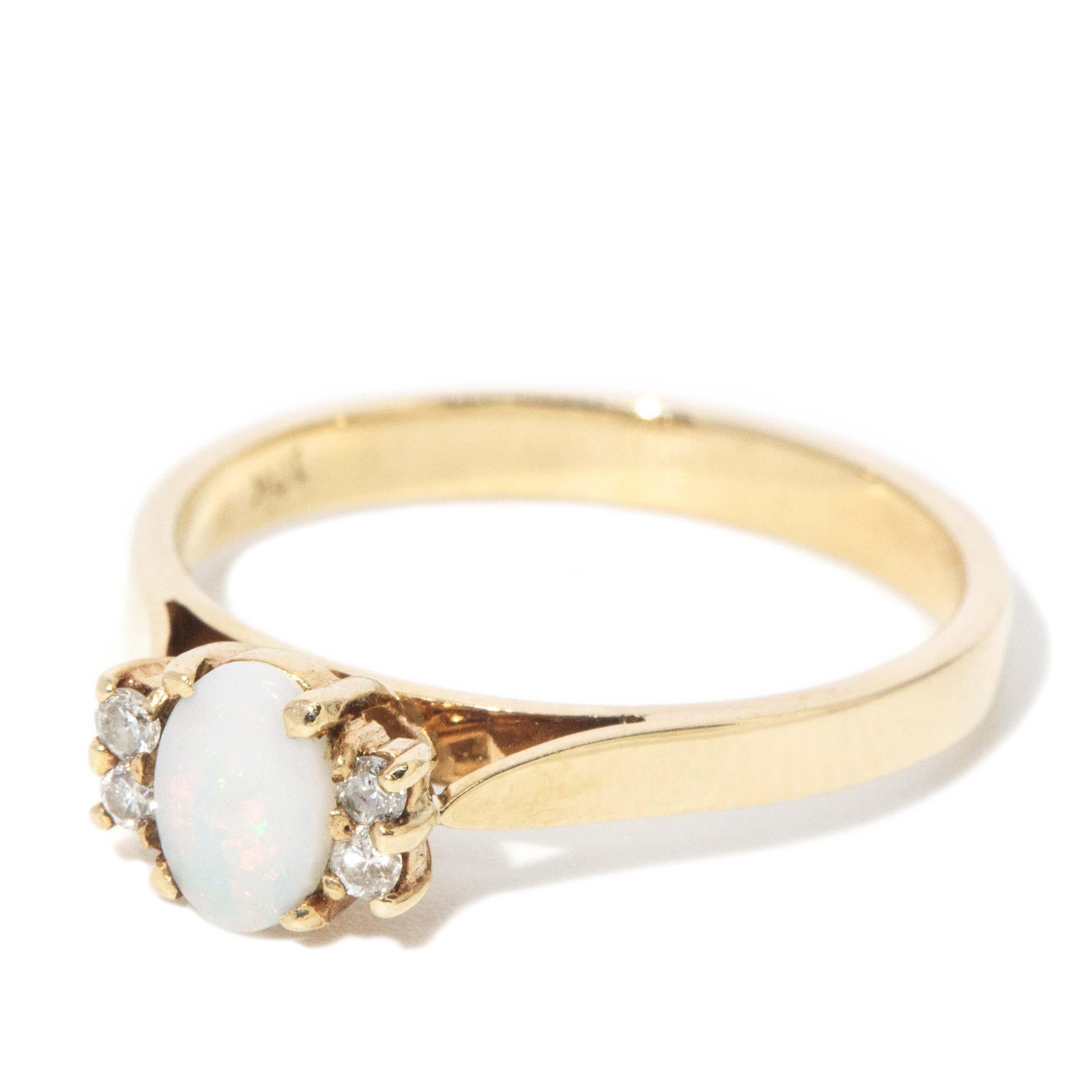 Vintage Circa 1990s White Opal & Diamond Ring 10 Carat Yellow Gold