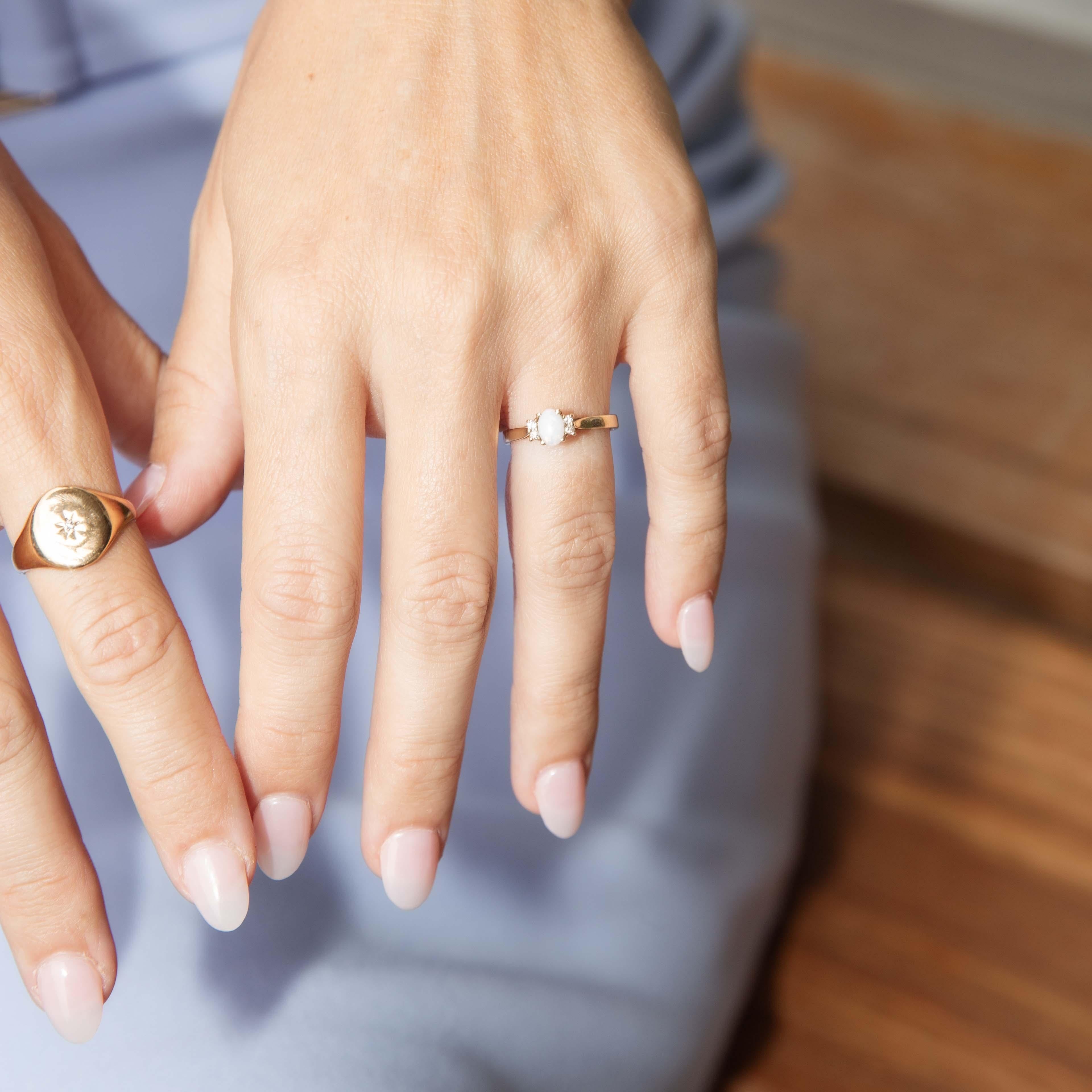Vintage Circa 1990s White Opal & Diamond Ring 10 Carat Yellow Gold