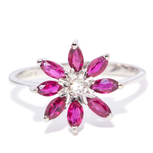 Alessia Ruby & Diamond Flower Ring 14K White Gold