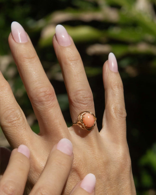 Alexandra Vintage Circa 1960s Coral Cabochon Openwork Ring 14ct Yellow Gold Rings Imperial Jewellery 