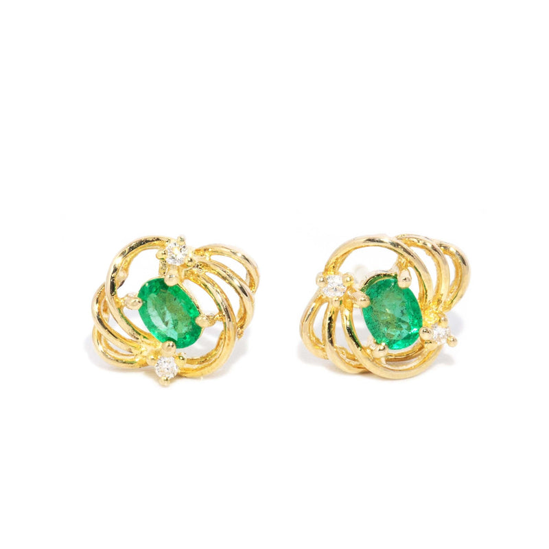 Vintage Circa 1980s Emerald & Diamond Studs 18 Carat Gold