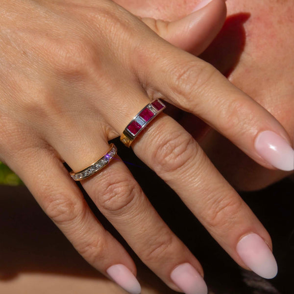 Amira Vintage Carre Cut Ruby & Diamond Three Stone Ring 18ct Two Tone Gold Rings Imperial Jewellery 