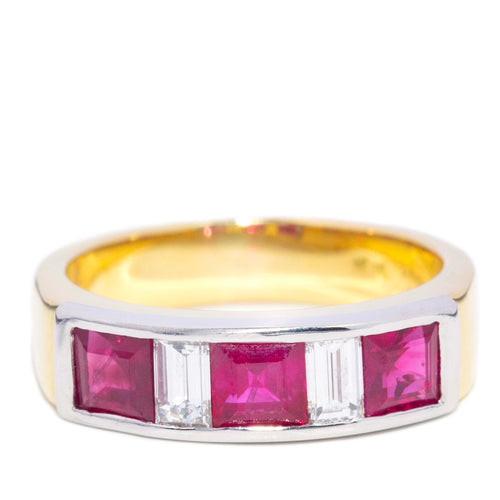 Amira Ruby & Diamond Three Stone Ring 18K Two Tone Gold