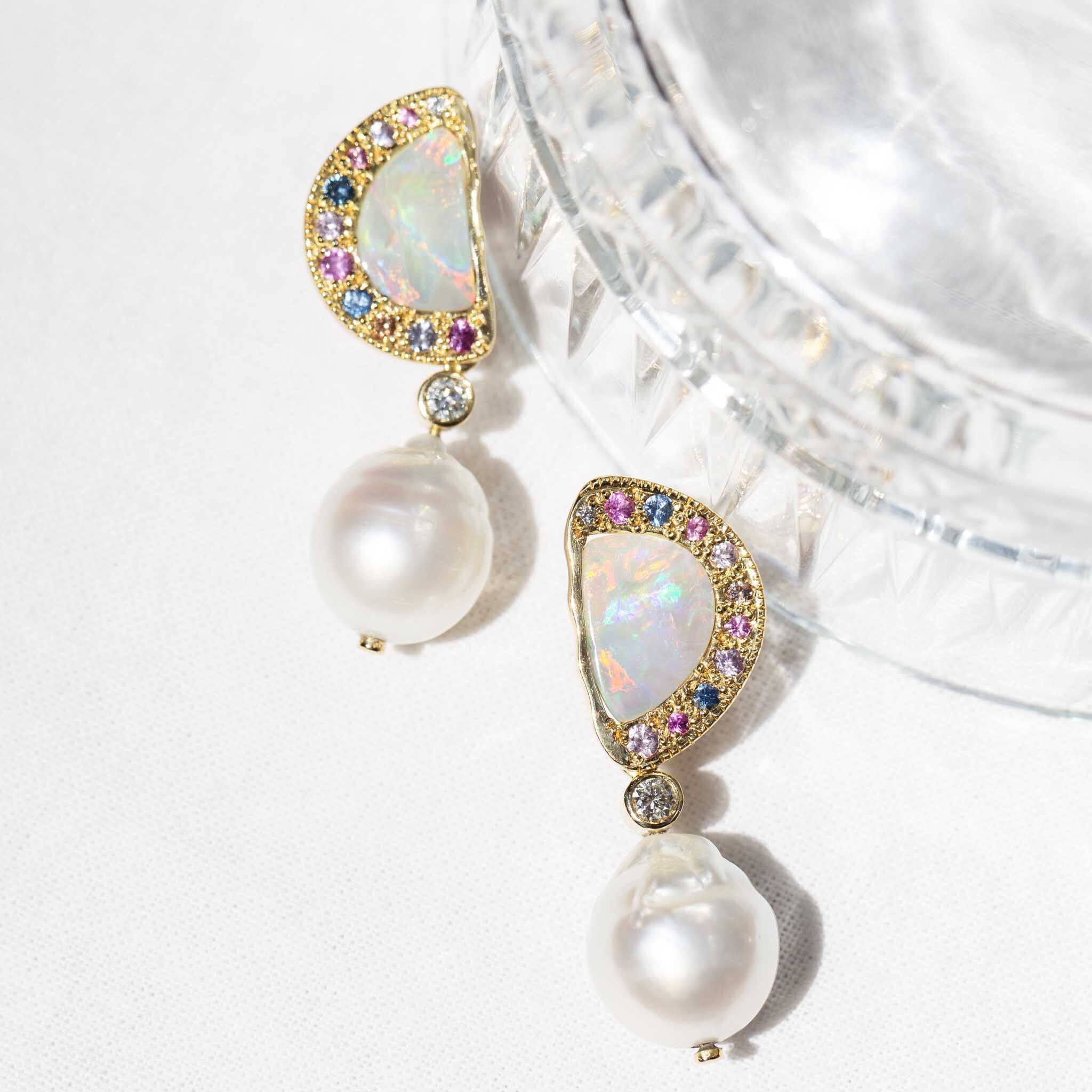 Amunet Opal Pearl Diamond & Sapphire Earrings 18ct Gold Earrings Imperial Jewellery 