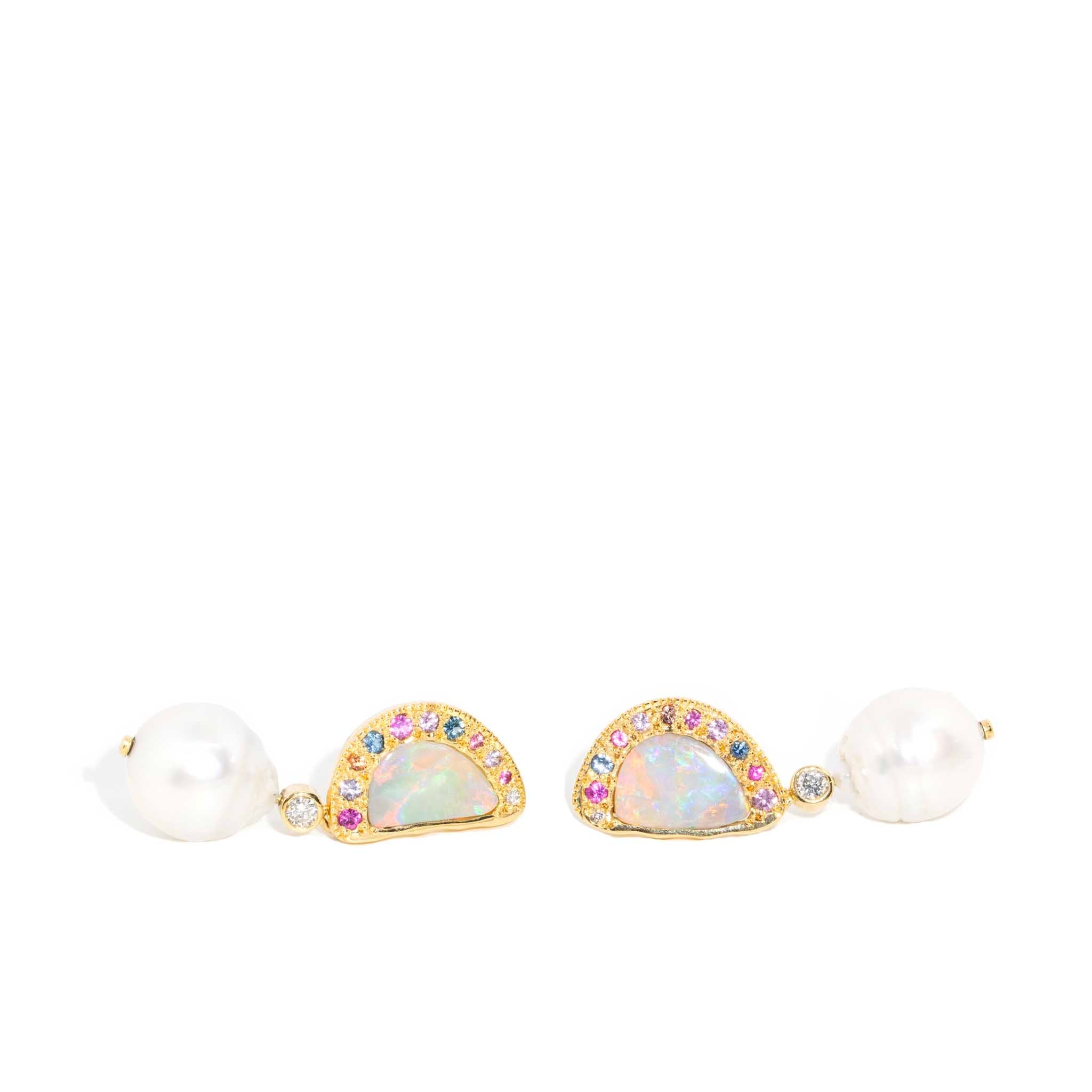 Amunet Opal Pearl Diamond & Sapphire Earrings 18ct Gold Earrings Imperial Jewellery 