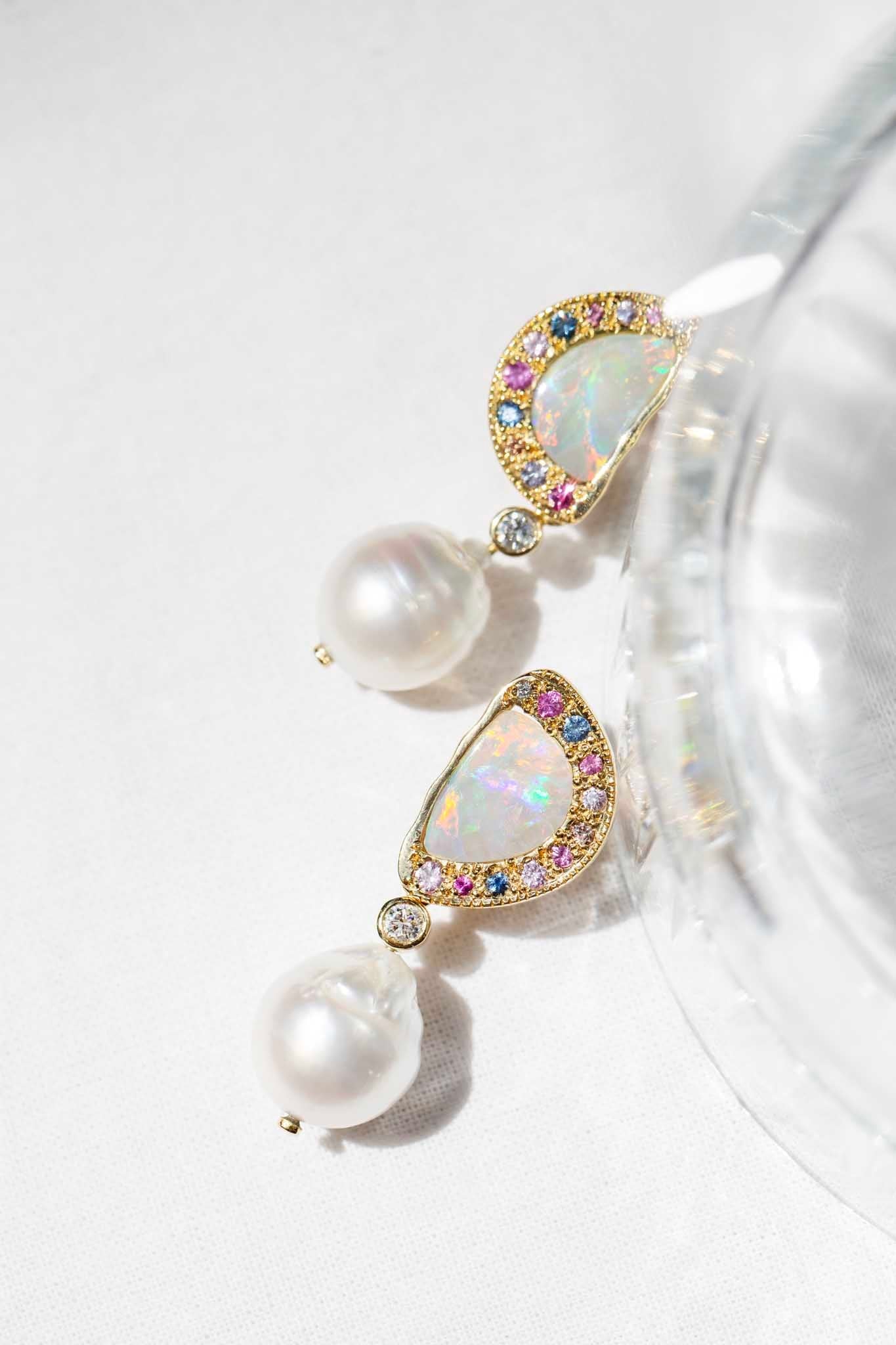 Amunet Opal Pearl Diamond & Sapphire Earrings 18ct Gold Earrings Imperial Jewellery 
