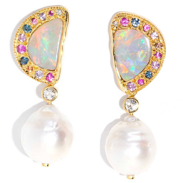 Reinvented Vintage Opal Pearl Diamond Sapphire Earrings 18ct Gold Imperial Jewellery