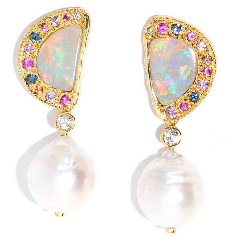 Amunet Opal Pearl Diamond & Sapphire Earrings 18ct Gold Earrings Imperial Jewellery 