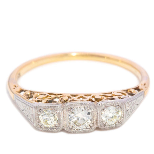 Annie Diamond Three Stone Filigree Ring 18K Two Tone Gold