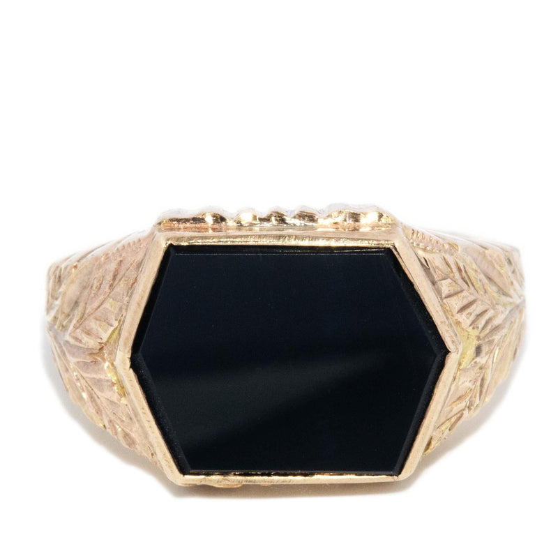 Vintage Circa 1980s Hexagonal Onyx Leaf Ring 9 Carat Gold