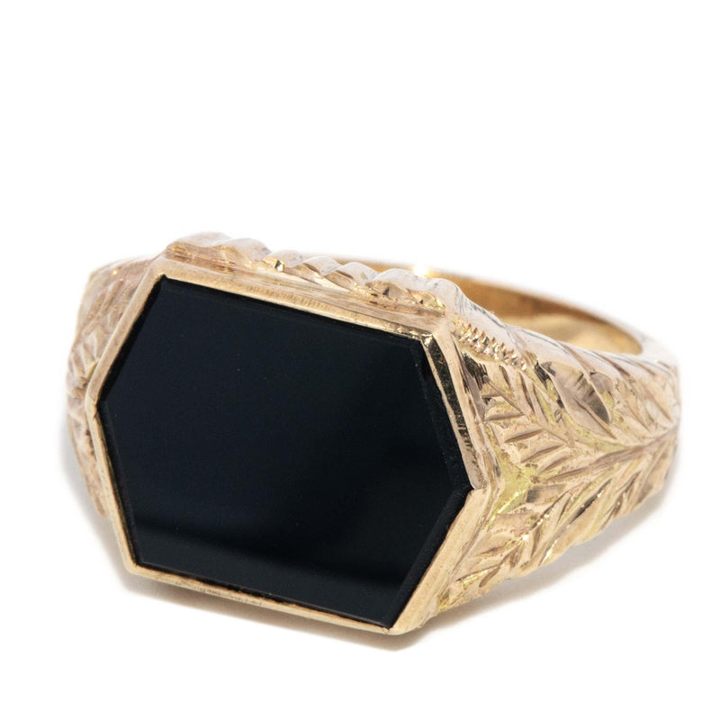Vintage Circa 1980s Hexagonal Onyx Leaf Ring 9 Carat Gold