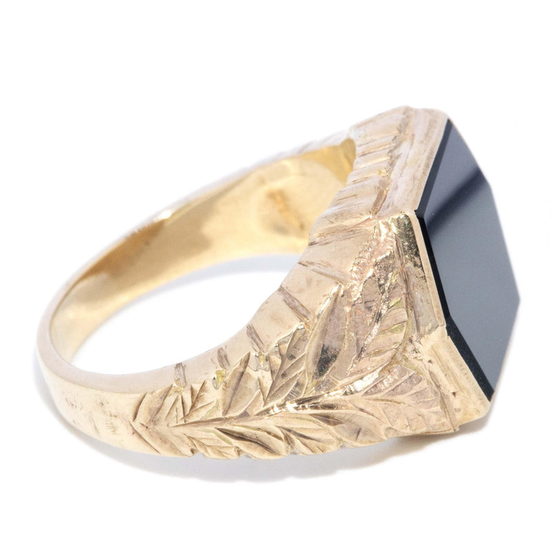 Vintage Circa 1980s Hexagonal Onyx Leaf Ring 9 Carat Gold