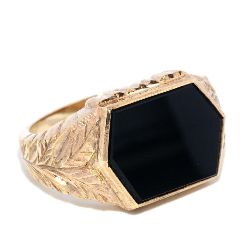 Vintage Circa 1980s Hexagonal Onyx Leaf Ring 9 Carat Gold