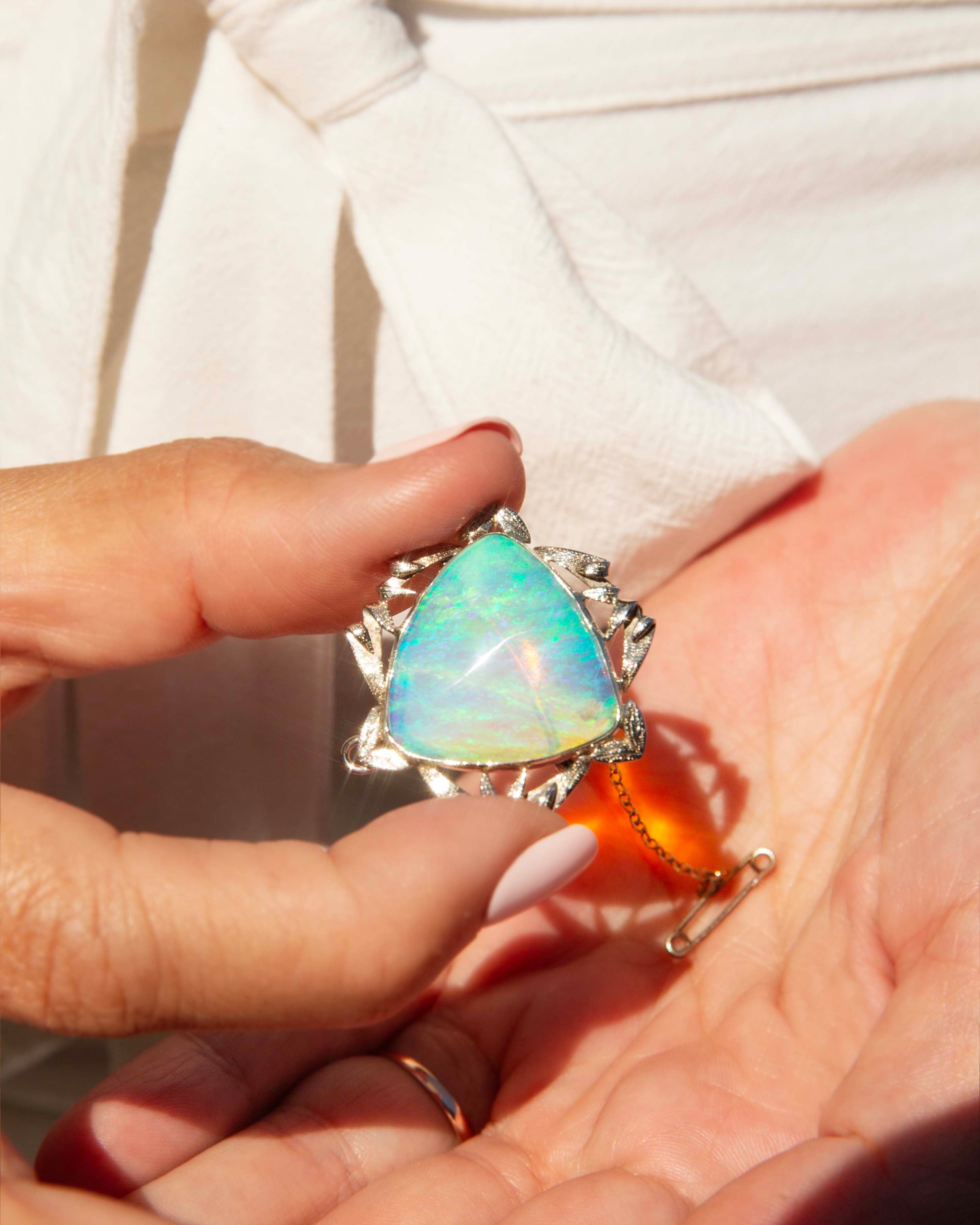 Anuhea 1950s Trilliant Crystal Opal Brooch 9ct White Gold Brooches Imperial Jewellery 